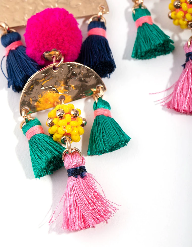 Gold Pom Pom Tassel Drop Earrings