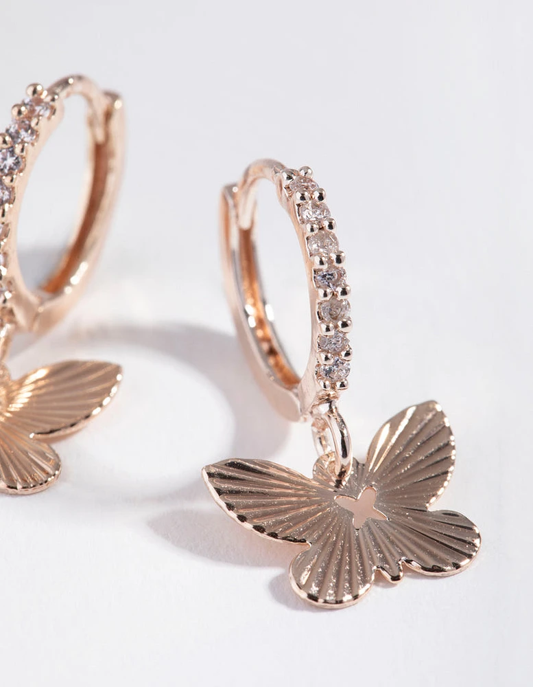 Rose Gold Textured Butterfly Diamante Earrings