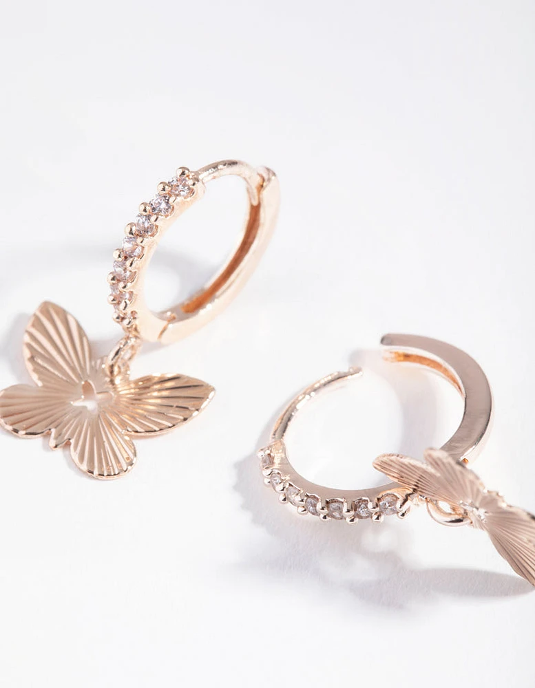 Rose Gold Textured Butterfly Diamante Earrings