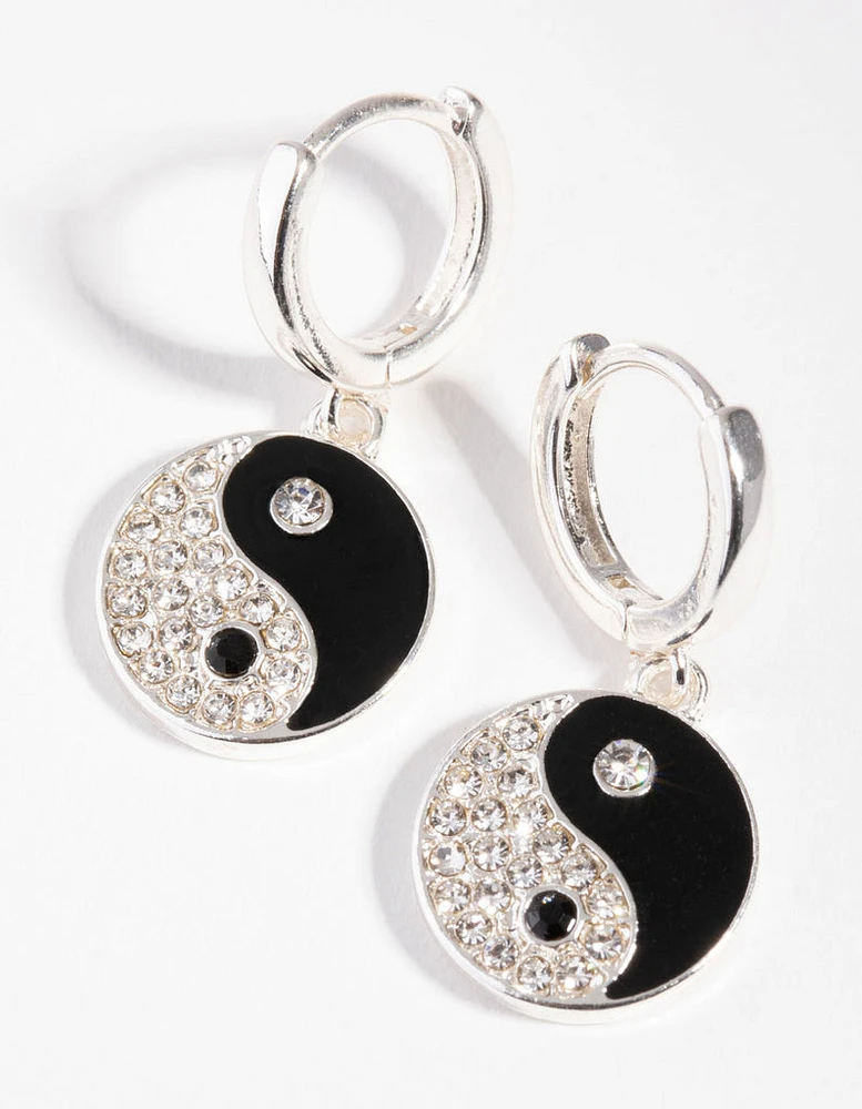 Silver Diamante Yin & Yang Huggie Earrings