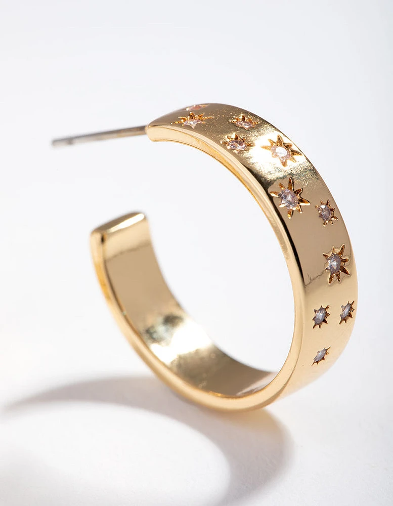 Gold Plated Diamante Star Hoop Earrings