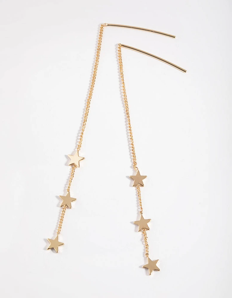 Gold Plated Three Stars Thread Through Earrings