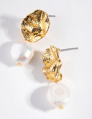 Gold Plated Crater Stud Freshwater Pearl Earrings