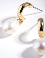 Gold Freshwater Pearl Huggie Hoop Earrings