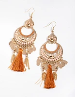 Gold Beaded Orange Tassel Chandbali Drop Earrings