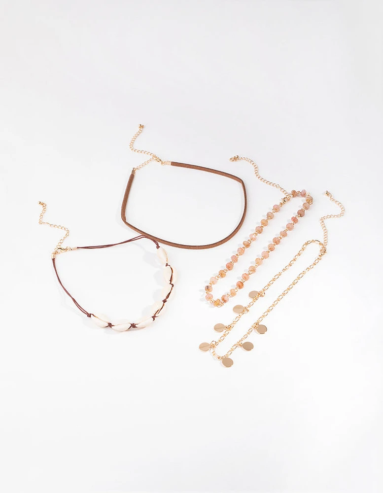 Gold Coin & Shell Choker 4-Pack