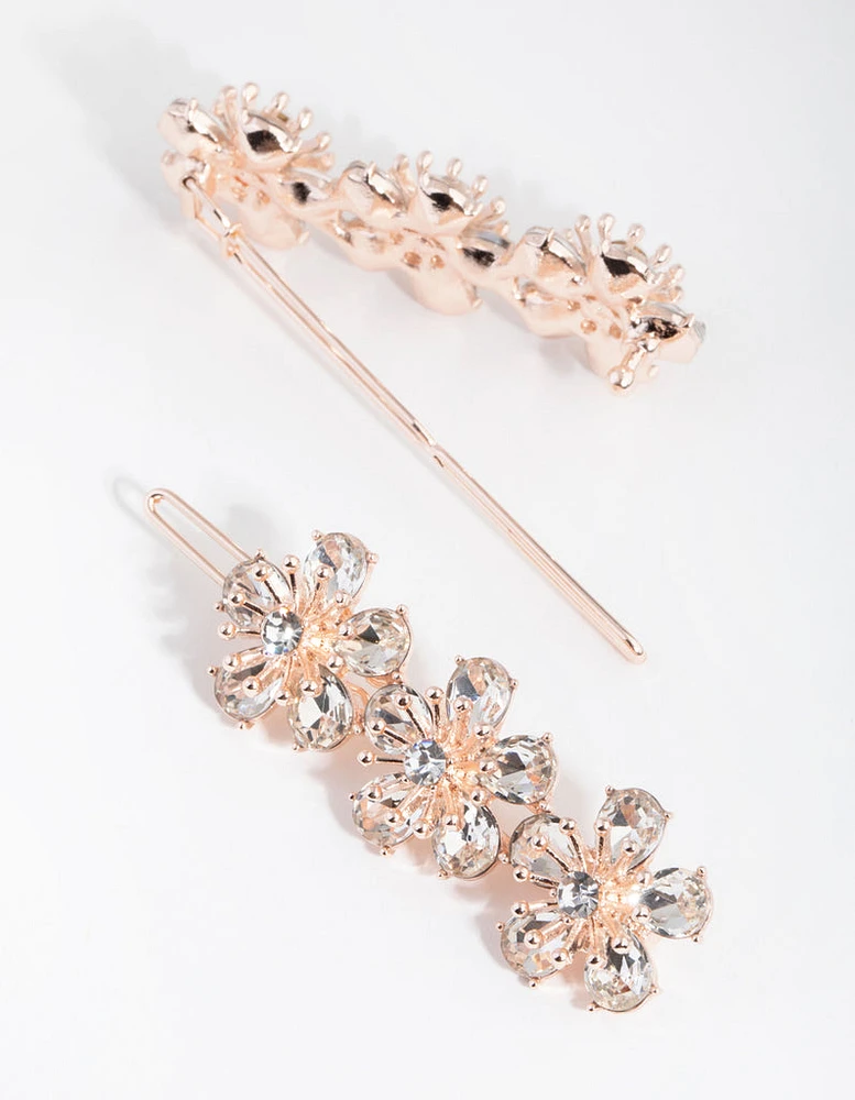 Rose Gold Diamante Trio Flower Pack Clip