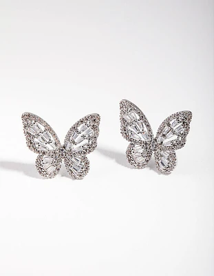 Large Silver Diamond Simulant Butterfly Earrings