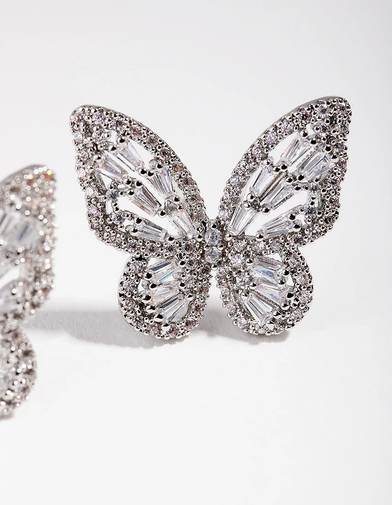 Large Rhodium Diamond Simulant Butterfly Earrings