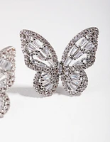 Large Rhodium Diamond Simulant Butterfly Earrings