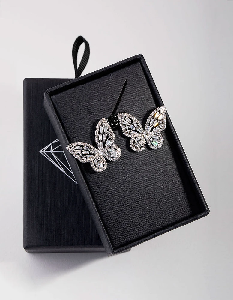 Large Rhodium Diamond Simulant Butterfly Earrings