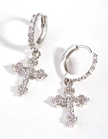 Silver Diamond Simulant Cross Huggie Earrings