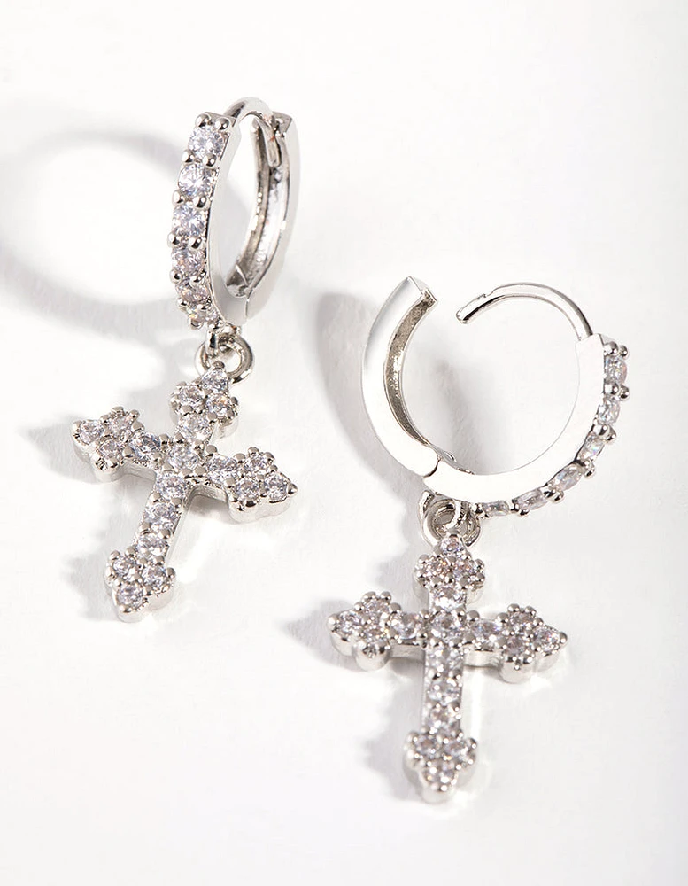 Silver Diamond Simulant Cross Huggie Earrings