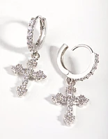 Silver Diamond Simulant Cross Huggie Earrings