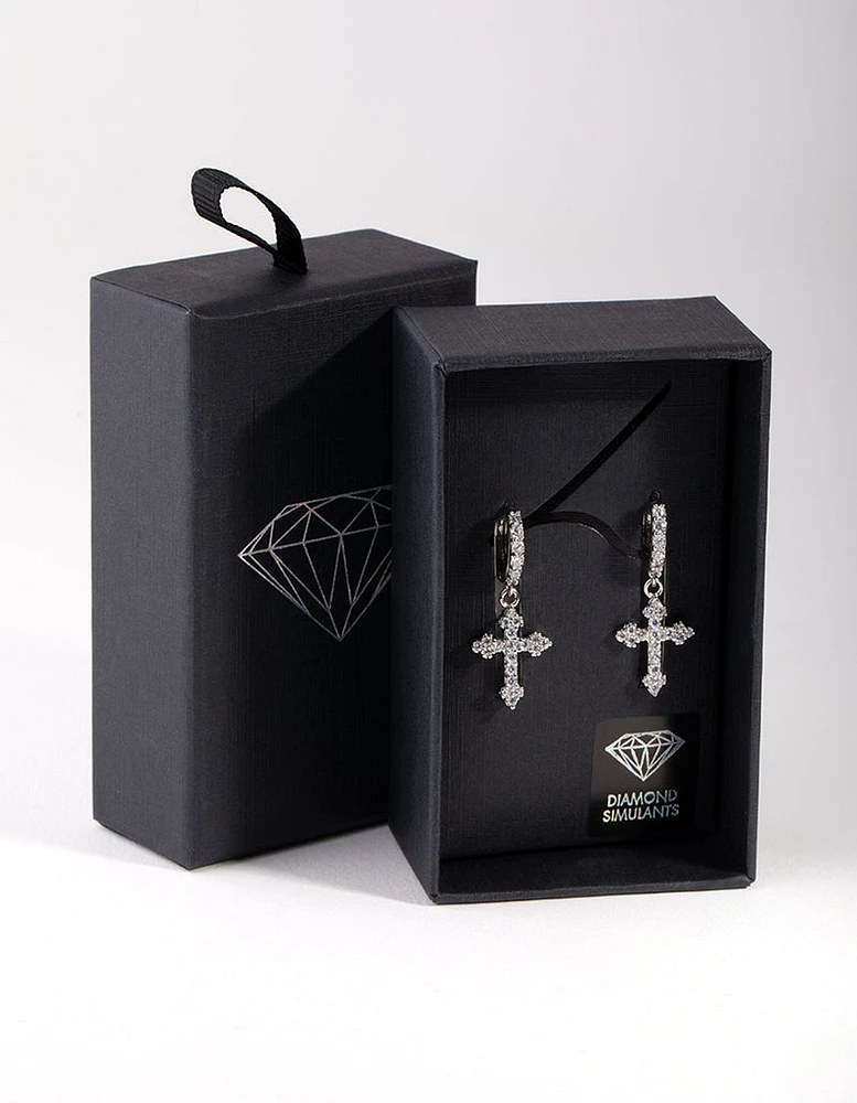 Silver Diamond Simulant Cross Huggie Earrings