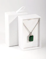 Rhodium Diamond Simulant Emerald Rectangle Necklace