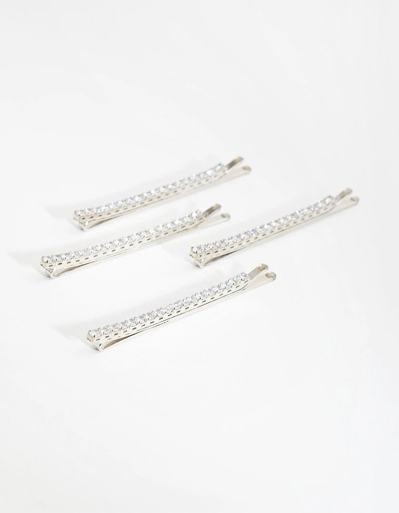 Silver Cubic Zirconia Simple Hair Slide 4-Pack