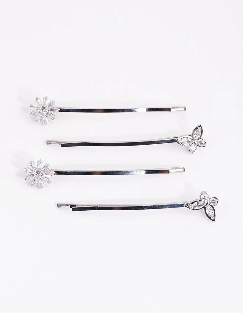 Silver Cubic Zirconia Flower & Butterfly 4-Pack Clip