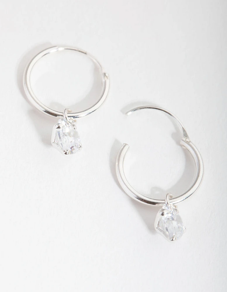 Sterling Silver Cubic Zirconia Heart Charm Hoop Earrings