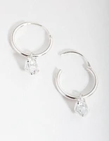 Sterling Silver Cubic Zirconia Heart Charm Hoop Earrings