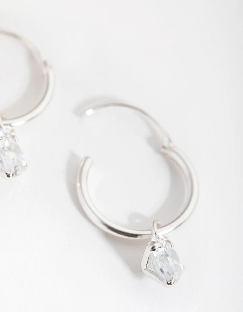 Sterling Silver Cubic Zirconia Heart Charm Hoop Earrings