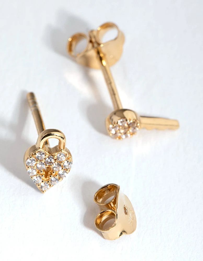 Gold Plated Sterling Silver Lock & Key Stud Earrings