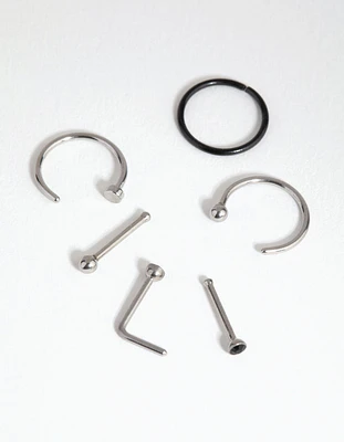 Mixed Metal Surgical Steel Classic Nose Ring & Stud 6-Pack