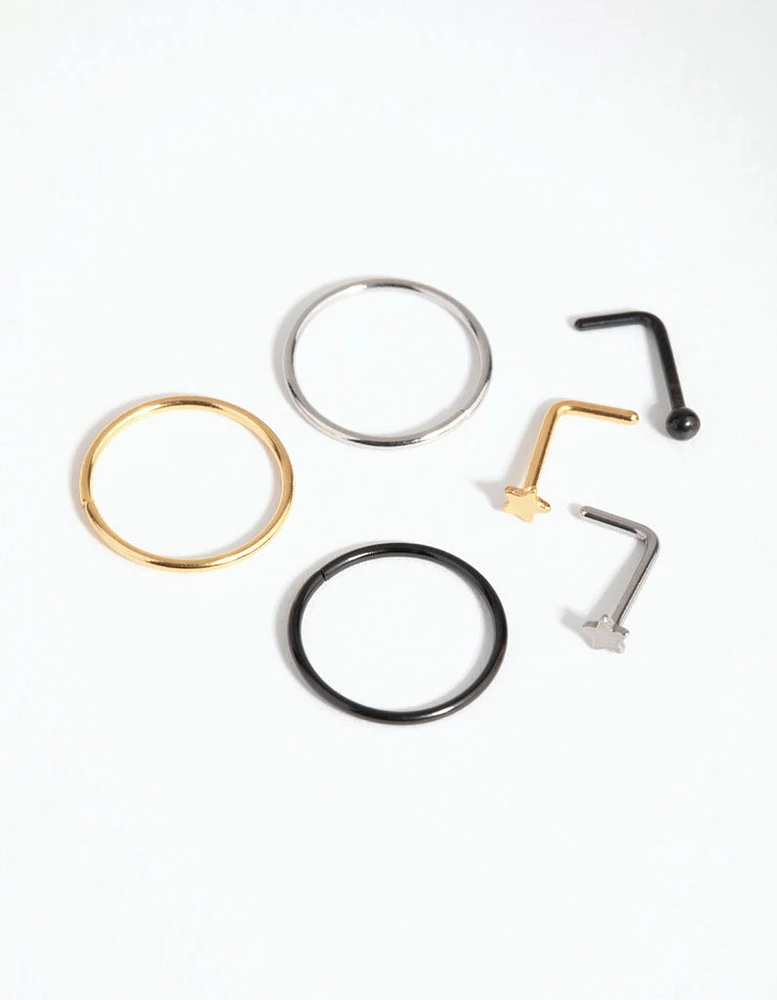 Surgical Steel Ball Star Nose Ring & Stud 6-Pack