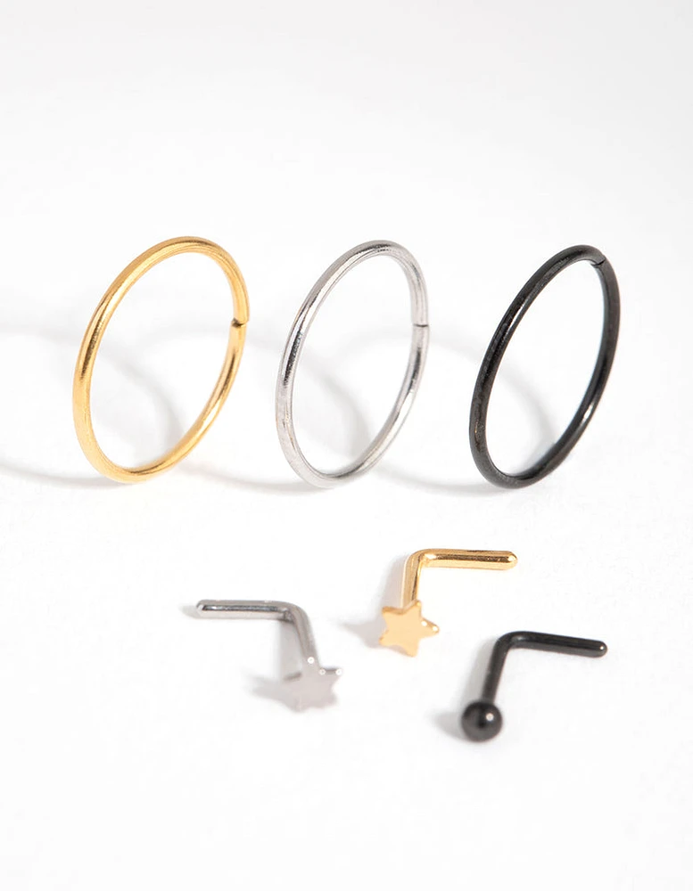 Surgical Steel Ball Star Nose Ring & Stud 6-Pack