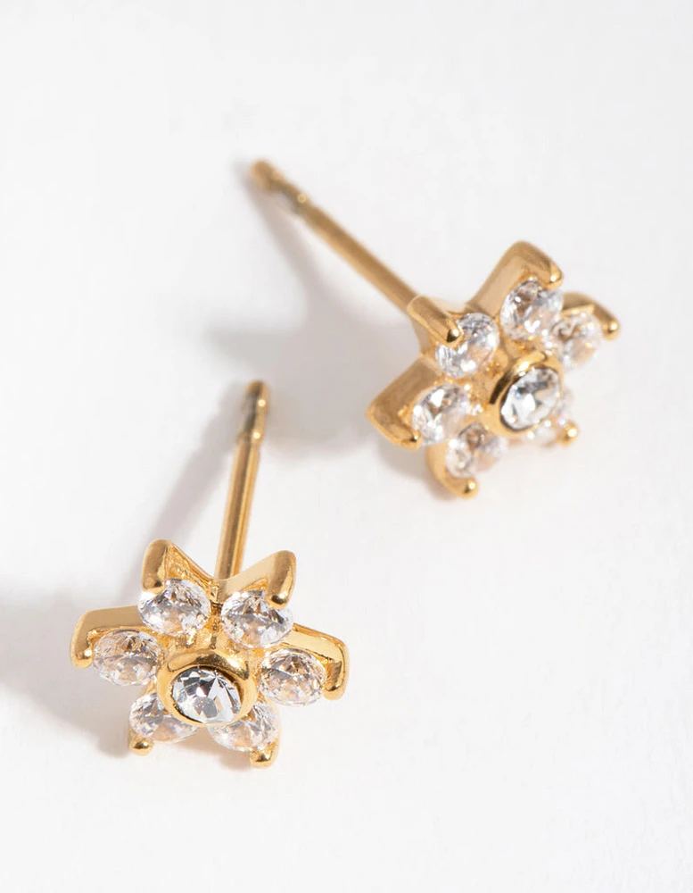 24 Carat Gold Plated Surgical Steel Cubic Zirconia Flower Stud Earrings