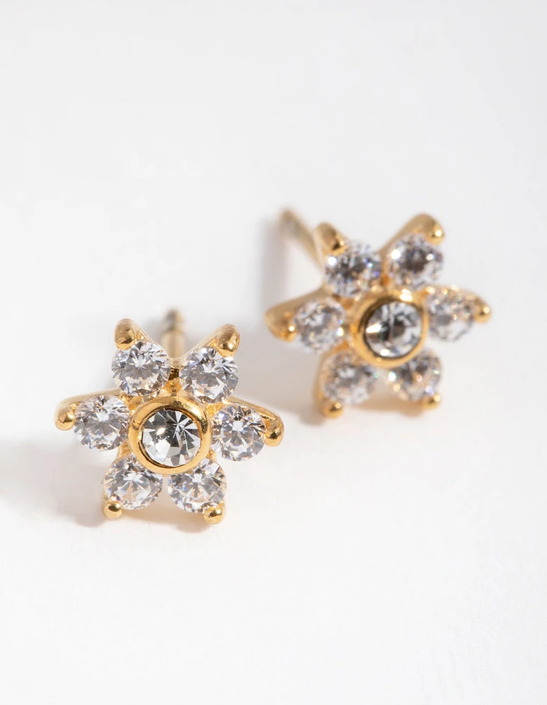 24 Carat Gold Plated Surgical Steel Cubic Zirconia Flower Stud Earrings