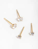 24 Carat Gold Plated Surgical Steel Round Cubic Zirconia Pack Stud Earrings