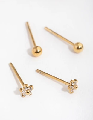 24 Carat Gold Plated Surgical Steel Flower & Ball Pack Stud Earrings