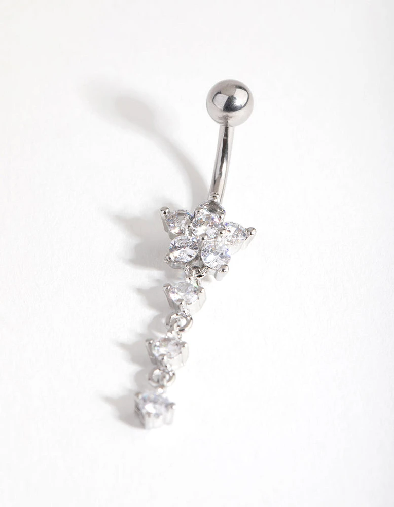 Surgical Steel Rhodium Round Flower Drop Belly Ring