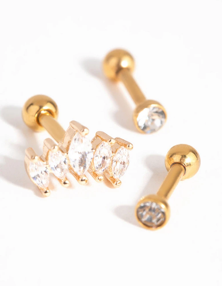 Gold Surgical Steel Cubic Zirconia Marquise Barbell Pack