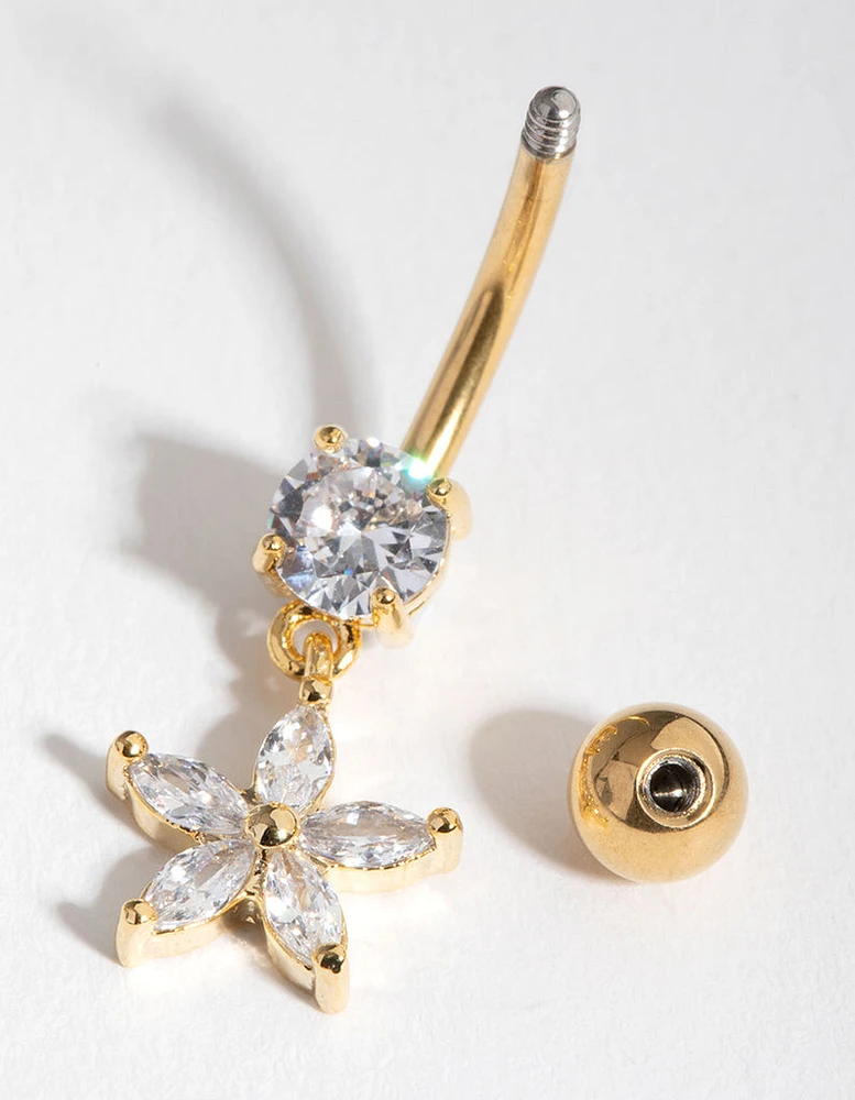 Gold Cubic Zirconia Flower Drop Belly Ring