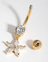 Gold Cubic Zirconia Flower Drop Belly Ring