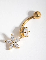 Gold Cubic Zirconia Flower Drop Belly Ring