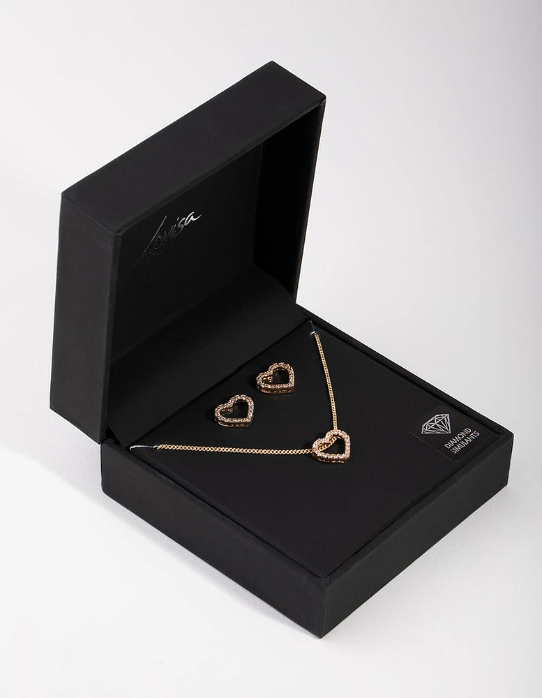 Gold Heart Diamond Simulants Necklace & Earrings