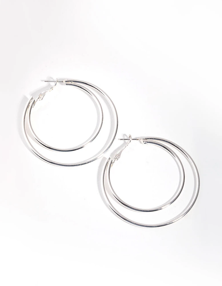 Silver Plain Double Hoop Earrings