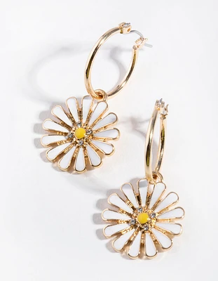 Gold Daisy Drop Hoop Earrings