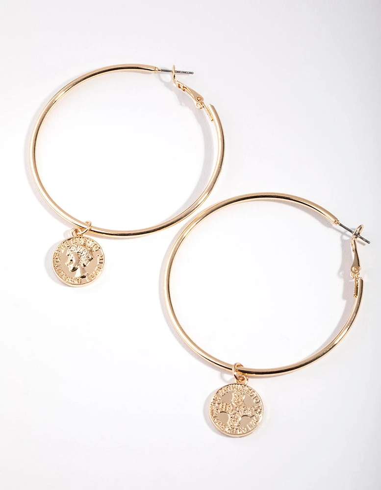 Gold Coin Drop Hoop Earrings