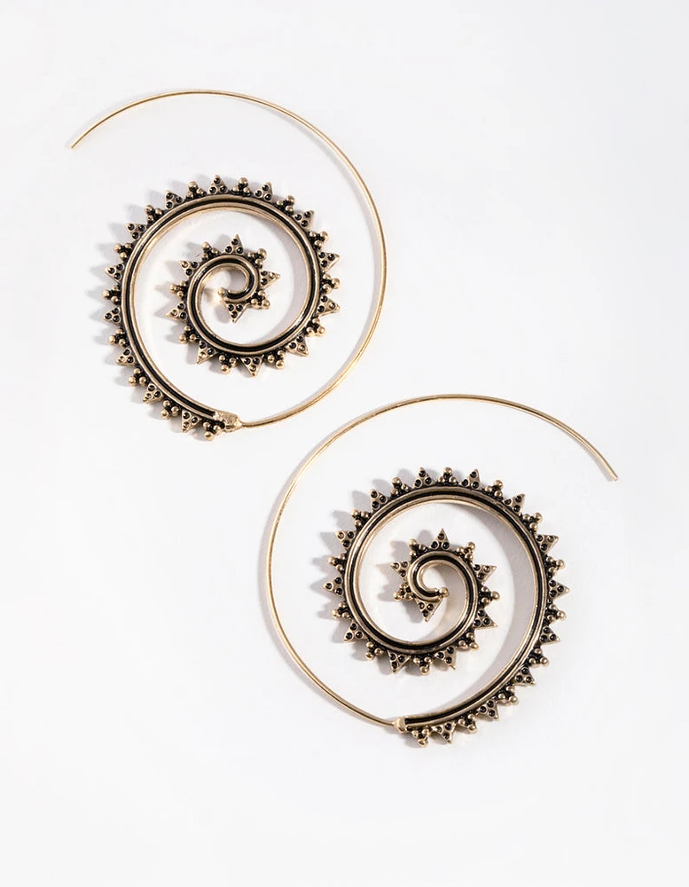 Antique Gold Spiral Hoop Earrings