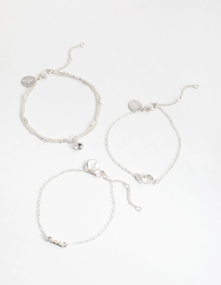 Silver Diamante & Faux Pearl 4-Pack Bracelets