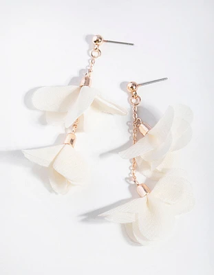 Rose Gold Double Fabric Flower Drop Earrings