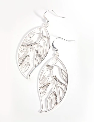 Silver Diamante Tree Leaf Drop Earrings