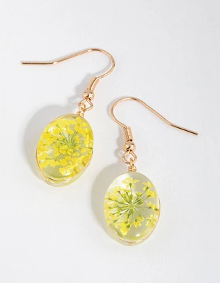 Yellow Oval Clear Bead Drop Earrings
