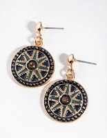 Gold Enamel Star Disc Drop Earrings