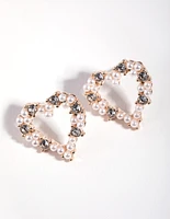 Rose Gold Faux Pearl Open Heart Stud Earrings