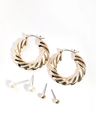 Gold Large Rope Textured Hoop Pack Earring